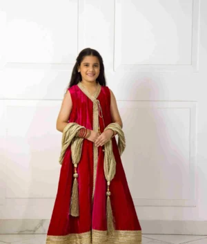 Girls Red Velvet Traditional Dress with Golden Dupatta