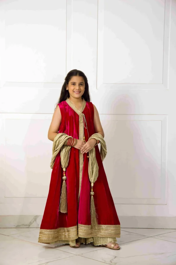 Girls Red Velvet Traditional Dress with Golden Dupatta
